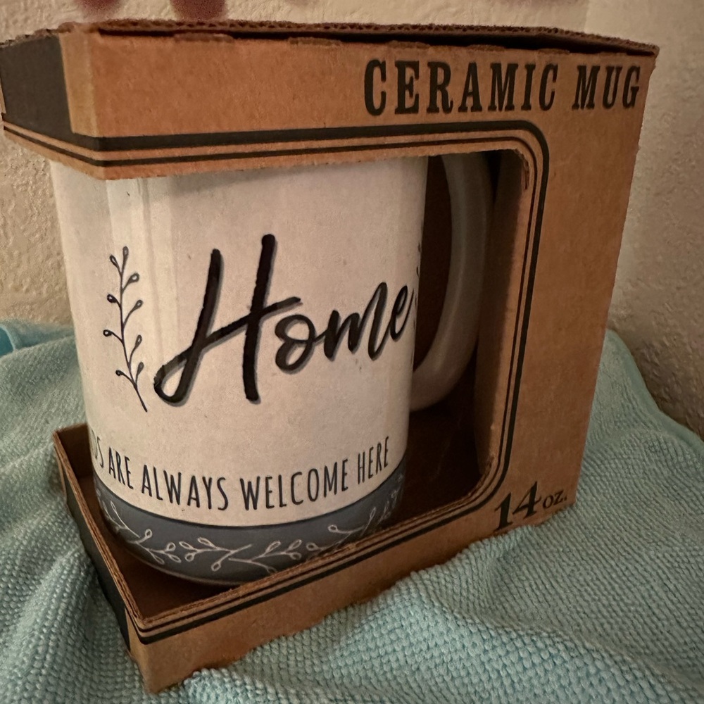 NIB White Ceramic “Home” Mug with Black Text